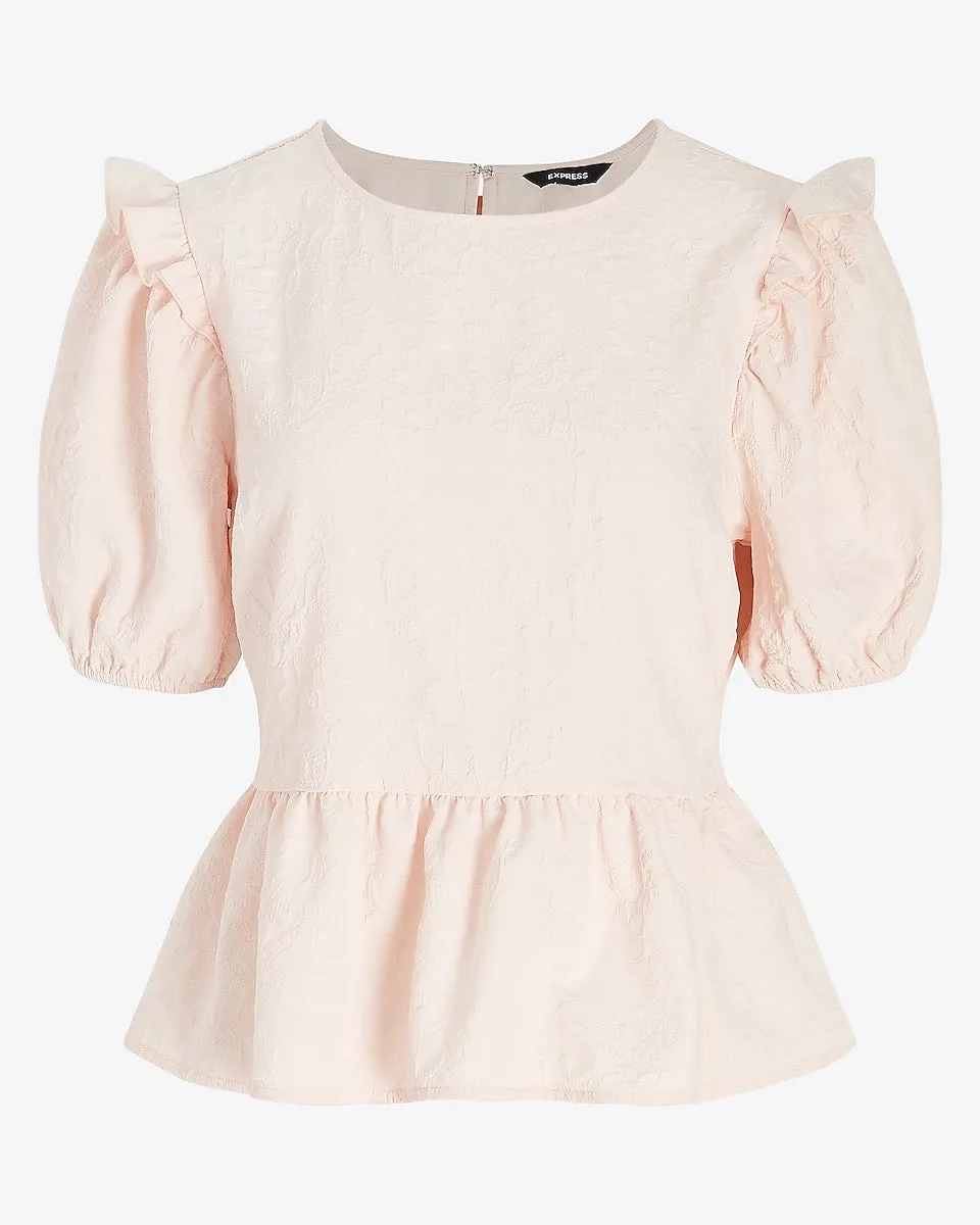 Textured Puff Sleeve Peplum Top in Pale Peony