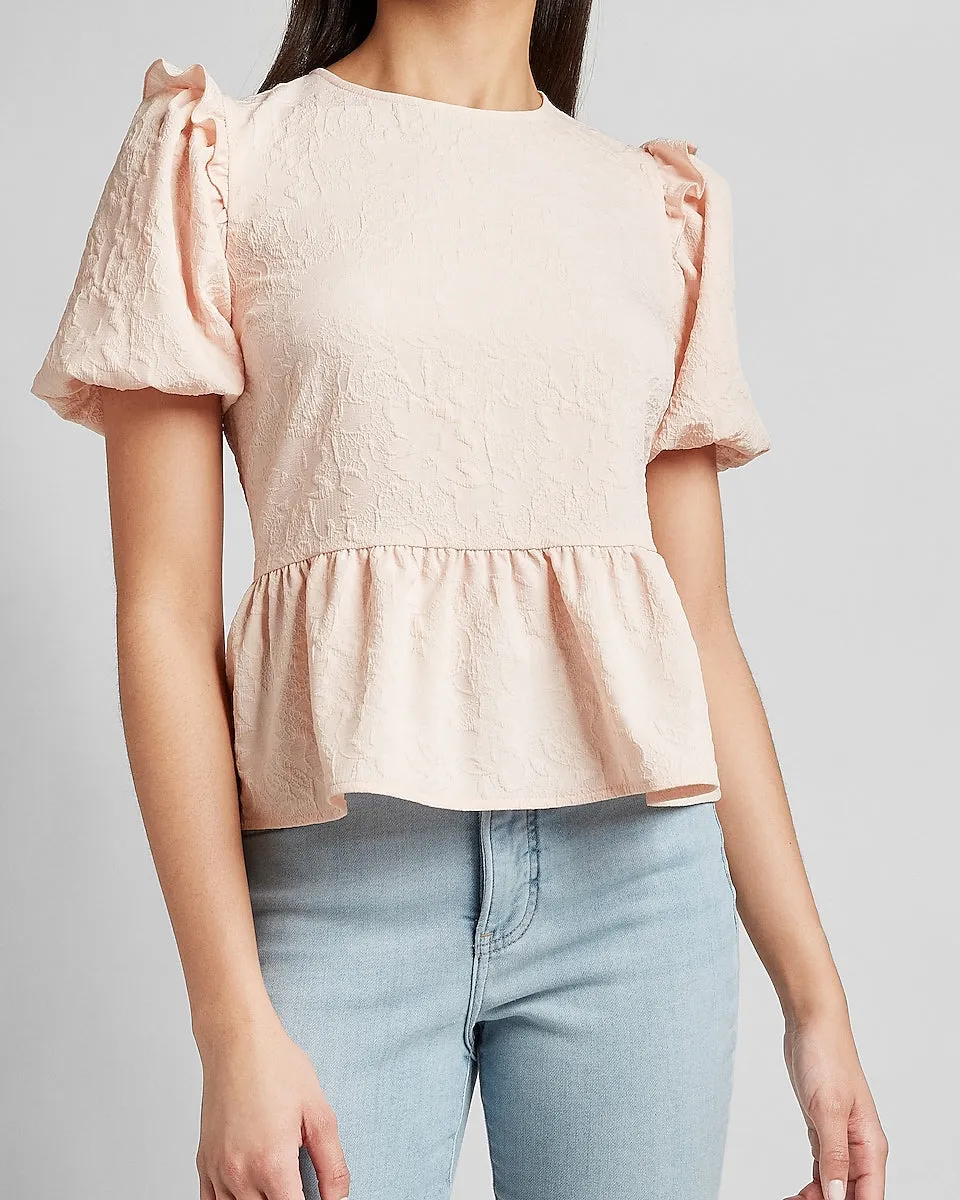 Textured Puff Sleeve Peplum Top in Pale Peony