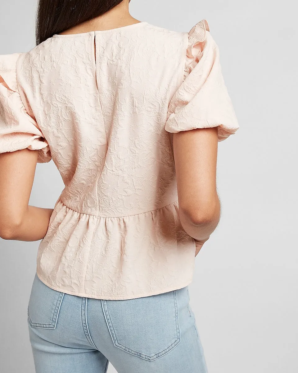 Textured Puff Sleeve Peplum Top in Pale Peony