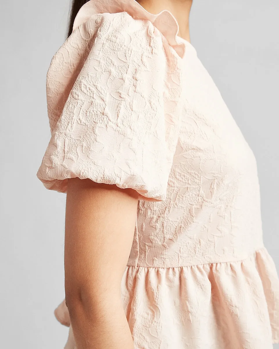 Textured Puff Sleeve Peplum Top in Pale Peony