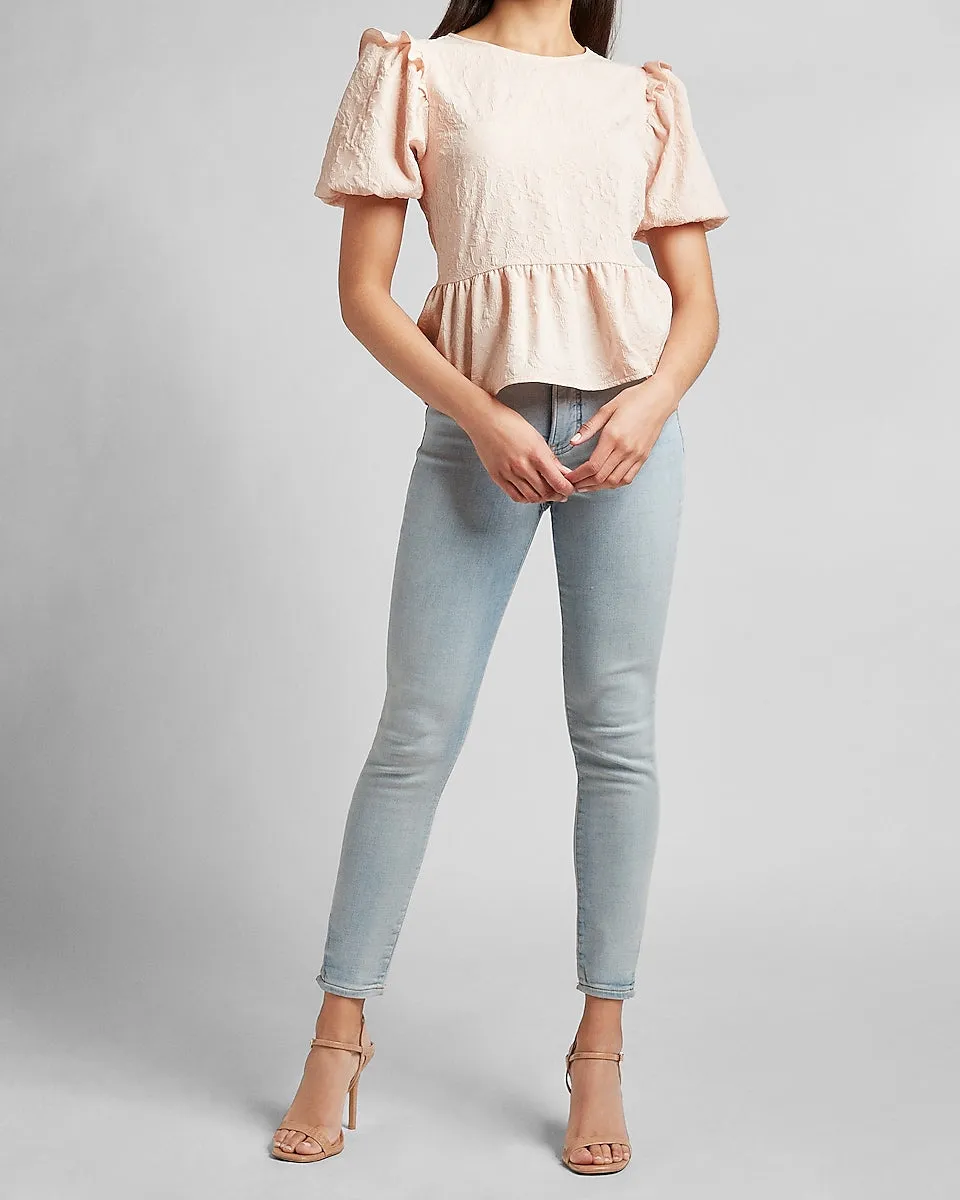Textured Puff Sleeve Peplum Top in Pale Peony