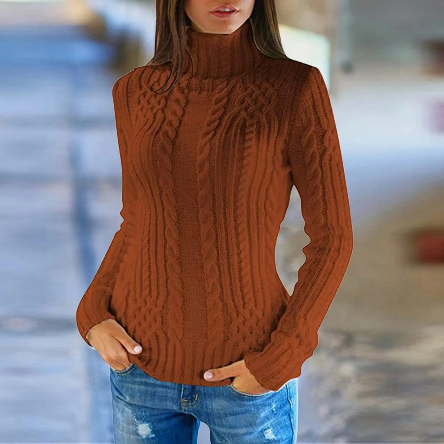 Women Cable Knit Pullover Sweater Turtle Neck Solid Sweater Long Sleeve Slim Fit Pullover Fall Winter Chunky Sweater