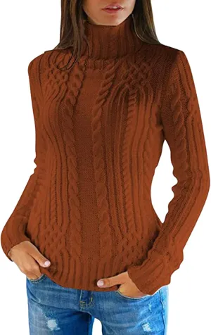Women Cable Knit Pullover Sweater Turtle Neck Solid Sweater Long Sleeve Slim Fit Pullover Fall Winter Chunky Sweater