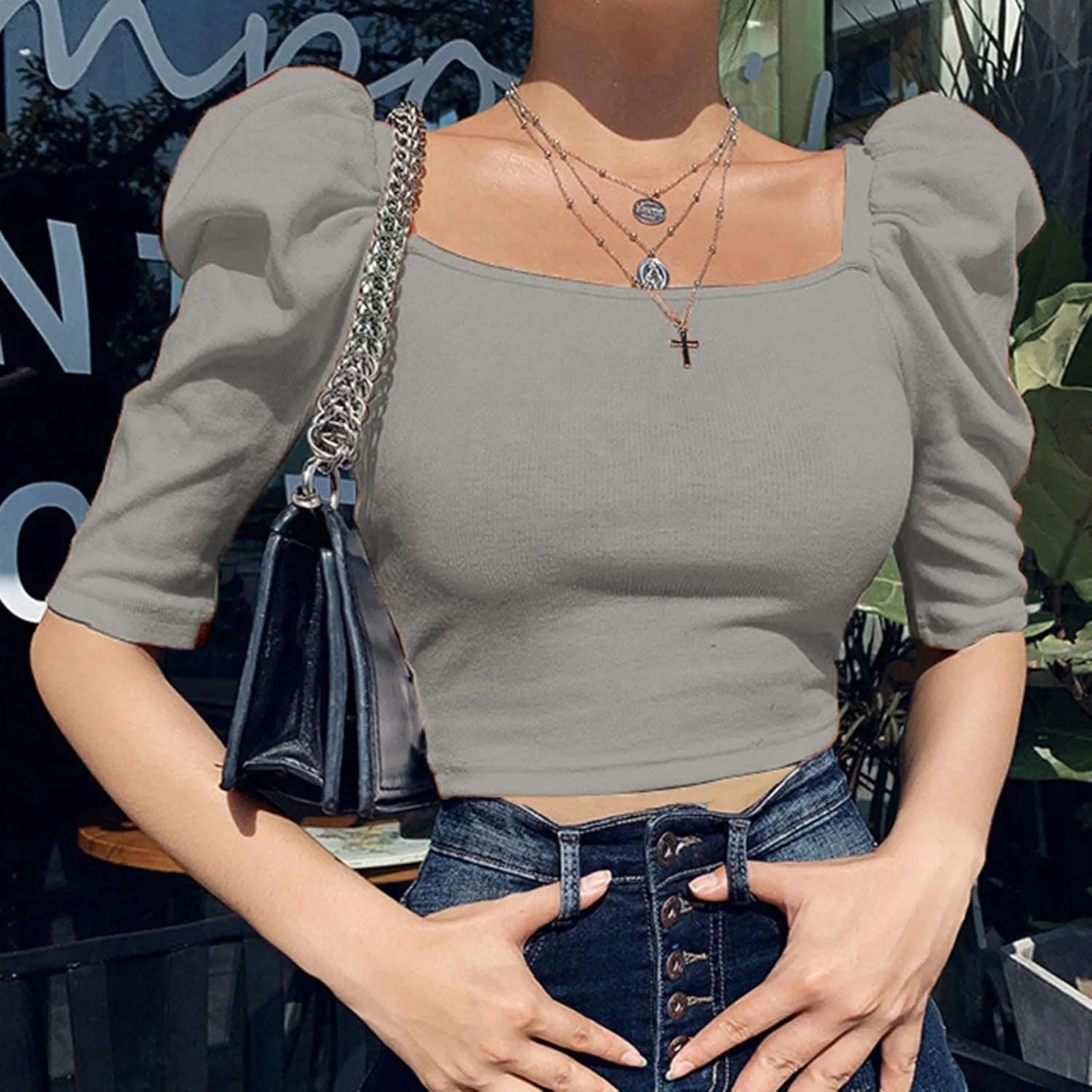 Women Puff Half Sleeve Square Neck Crop Top Summer Slim Fit Blouses T Shirt Casual Ribbed Shirt Basic Knit Tees