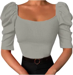 Women Puff Half Sleeve Square Neck Crop Top Summer Slim Fit Blouses T Shirt Casual Ribbed Shirt Basic Knit Tees