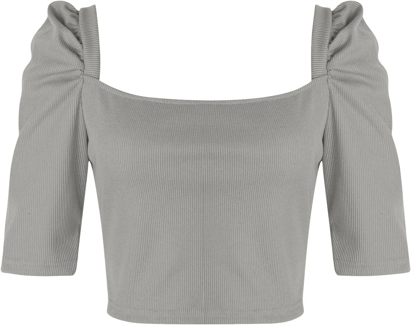 Women Puff Half Sleeve Square Neck Crop Top Summer Slim Fit Blouses T Shirt Casual Ribbed Shirt Basic Knit Tees
