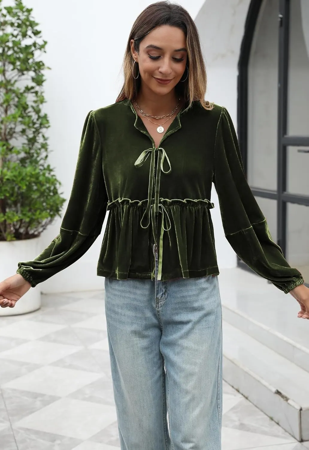 Women Velvet Blouse Tops Bow Tie Front Flowy Long Puff Sleeve V Neck Ruffle Peplum Babydoll Shirt