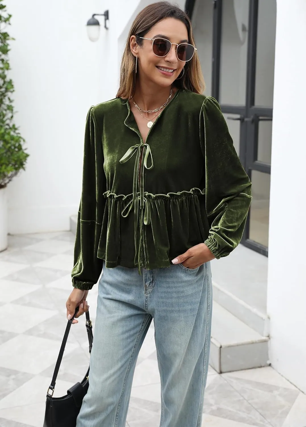 Women Velvet Blouse Tops Bow Tie Front Flowy Long Puff Sleeve V Neck Ruffle Peplum Babydoll Shirt