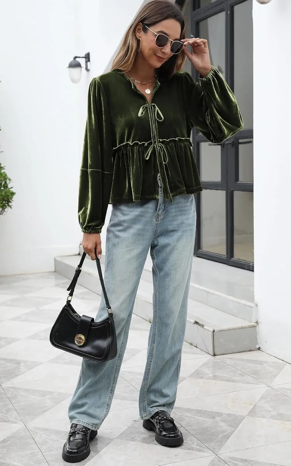 Women Velvet Blouse Tops Bow Tie Front Flowy Long Puff Sleeve V Neck Ruffle Peplum Babydoll Shirt