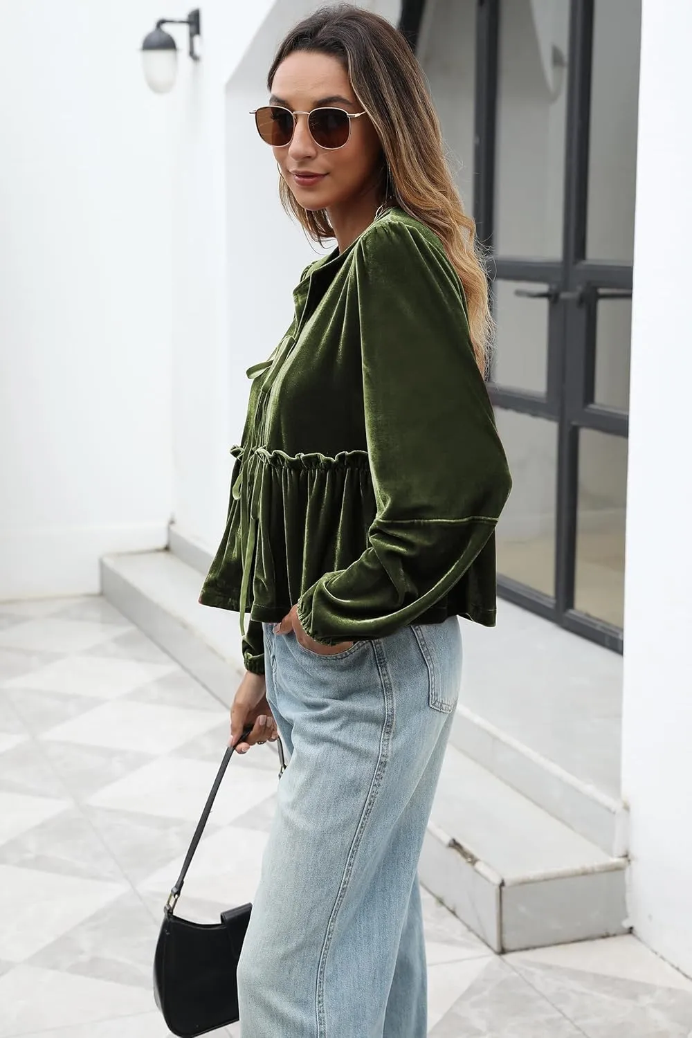 Women Velvet Blouse Tops Bow Tie Front Flowy Long Puff Sleeve V Neck Ruffle Peplum Babydoll Shirt