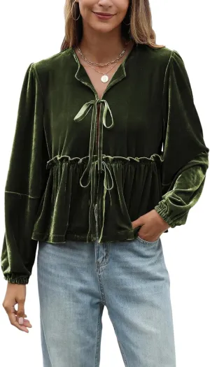 Women Velvet Blouse Tops Bow Tie Front Flowy Long Puff Sleeve V Neck Ruffle Peplum Babydoll Shirt
