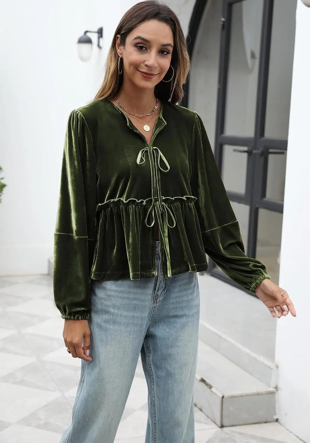 Women Velvet Blouse Tops Bow Tie Front Flowy Long Puff Sleeve V Neck Ruffle Peplum Babydoll Shirt