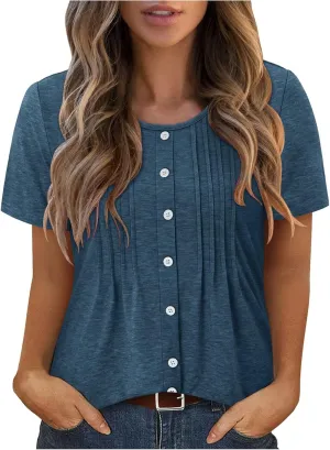 Womens Casual Pleated Front T-Shirt Basic Summer Short Sleeve Tops Round Neck Pullover Button Shirts Comfy Tees