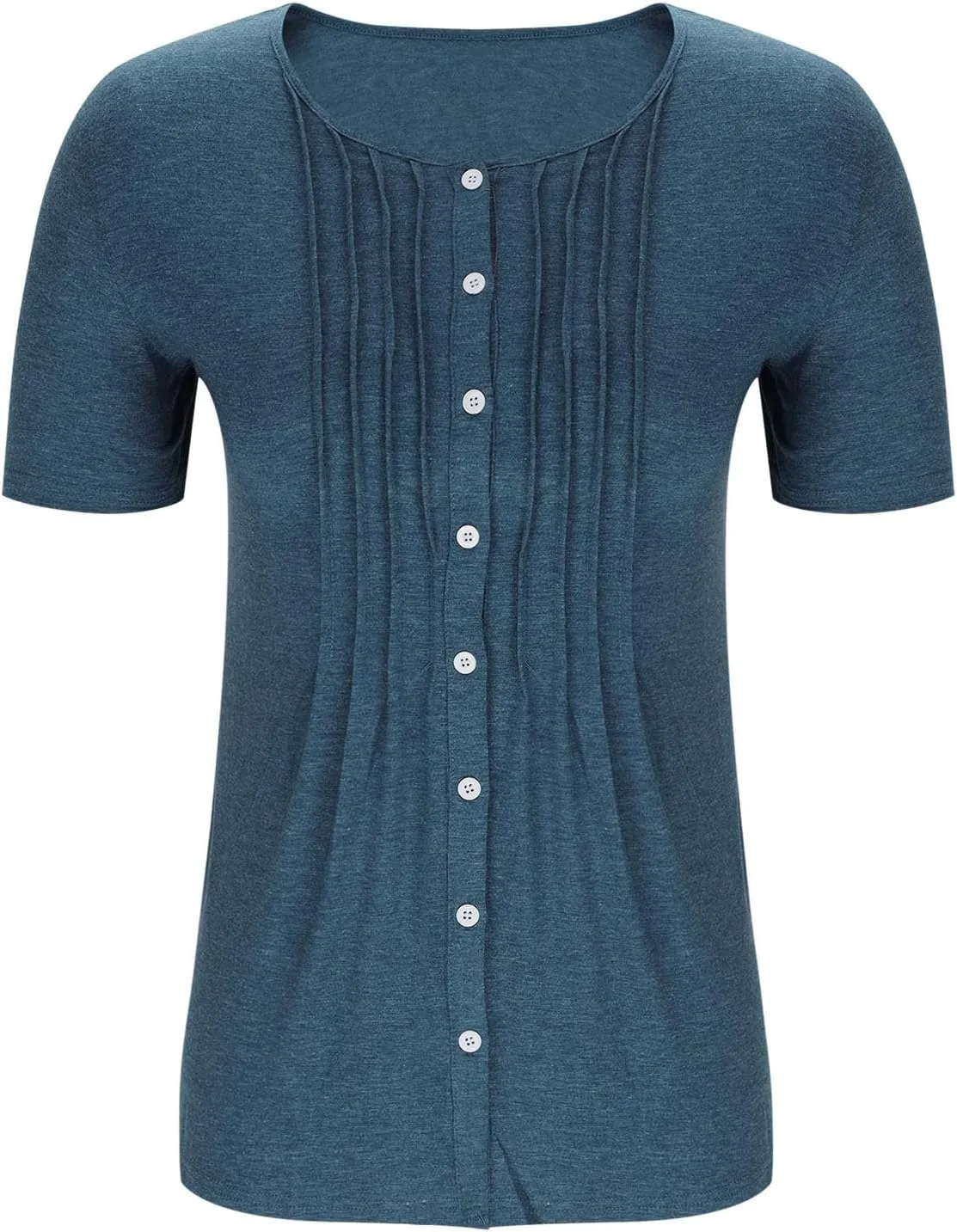 Womens Casual Pleated Front T-Shirt Basic Summer Short Sleeve Tops Round Neck Pullover Button Shirts Comfy Tees