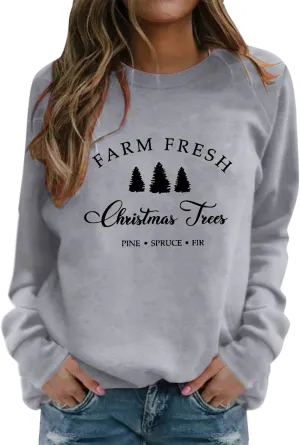 Womens Christmas Print O Neck Sweatshirt Round Neck Fit Pullover Tops Casual Long Sleeve Workout Shirts Loose