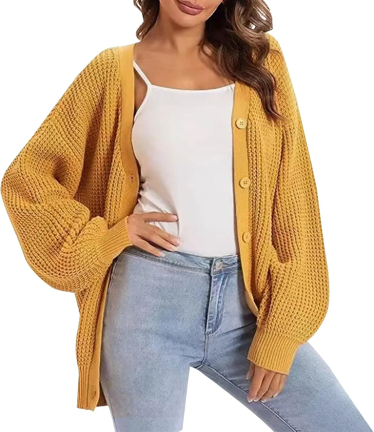 Women's Long Sleeve Oversized Knit Sweater Cardigan 2024 Fall Open Front Button Down Chunky Knit Outwear Coat cardigan for women Saffron