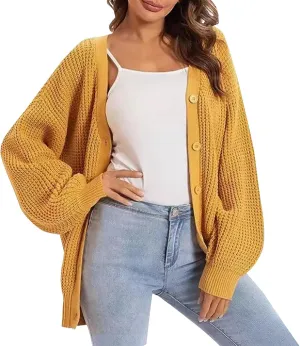 Women's Long Sleeve Oversized Knit Sweater Cardigan 2024 Fall Open Front Button Down Chunky Knit Outwear Coat cardigan for women Saffron