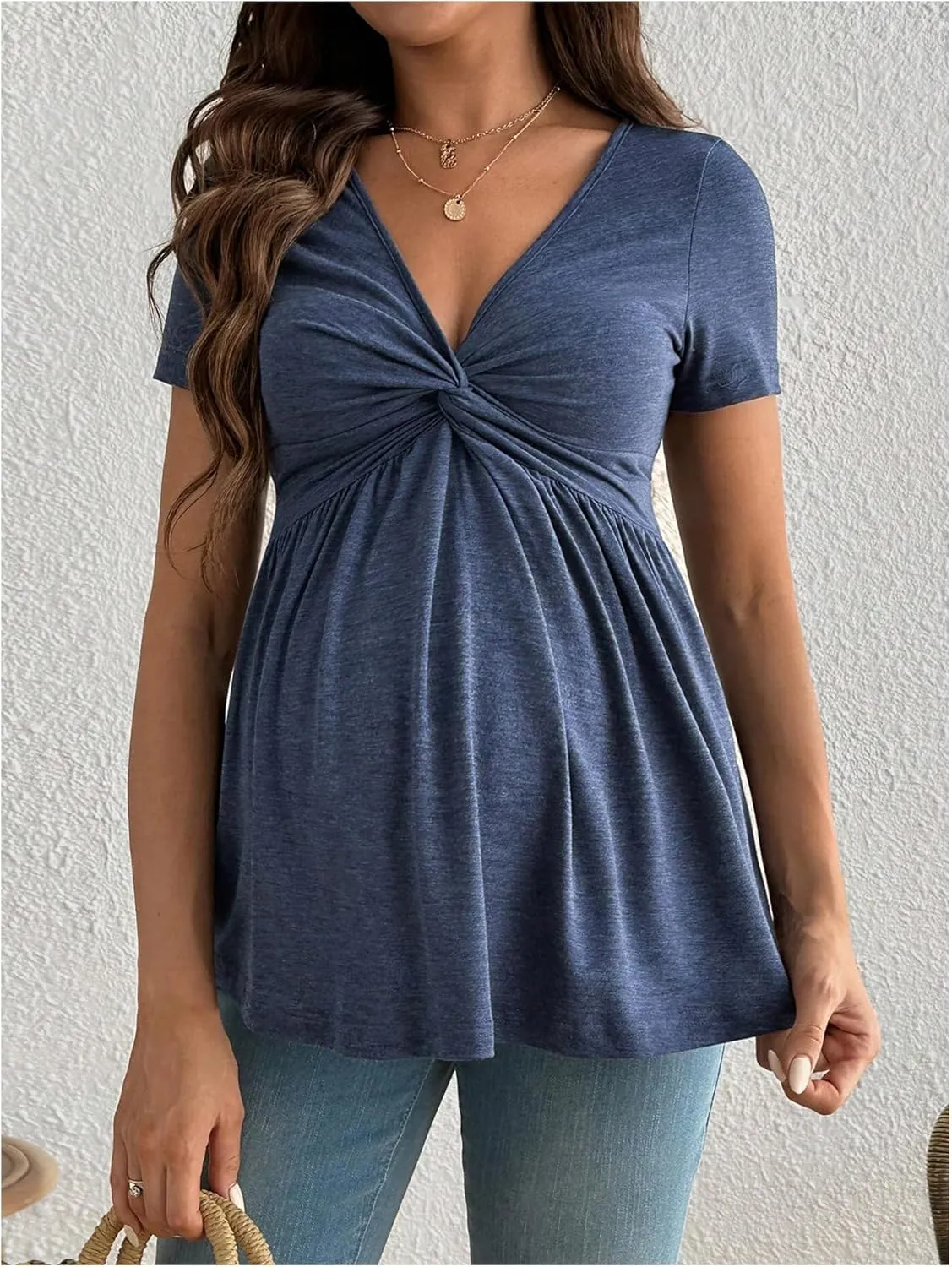 Women's Maternity Tops Twist V Neck Ruffle T Shirt Short Sleeve Summer Peplum Tees