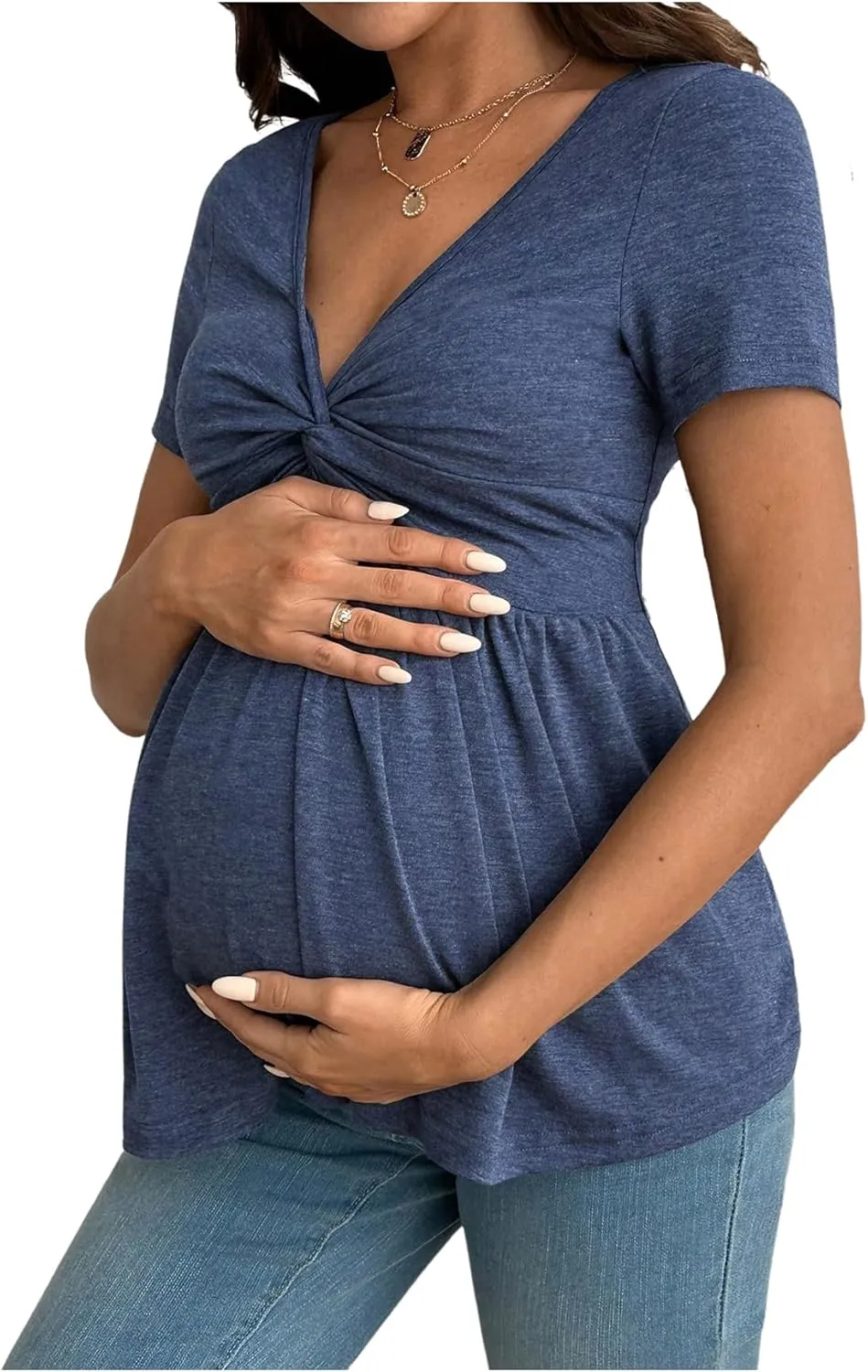 Women's Maternity Tops Twist V Neck Ruffle T Shirt Short Sleeve Summer Peplum Tees