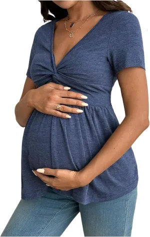 Women's Maternity Tops Twist V Neck Ruffle T Shirt Short Sleeve Summer Peplum Tees