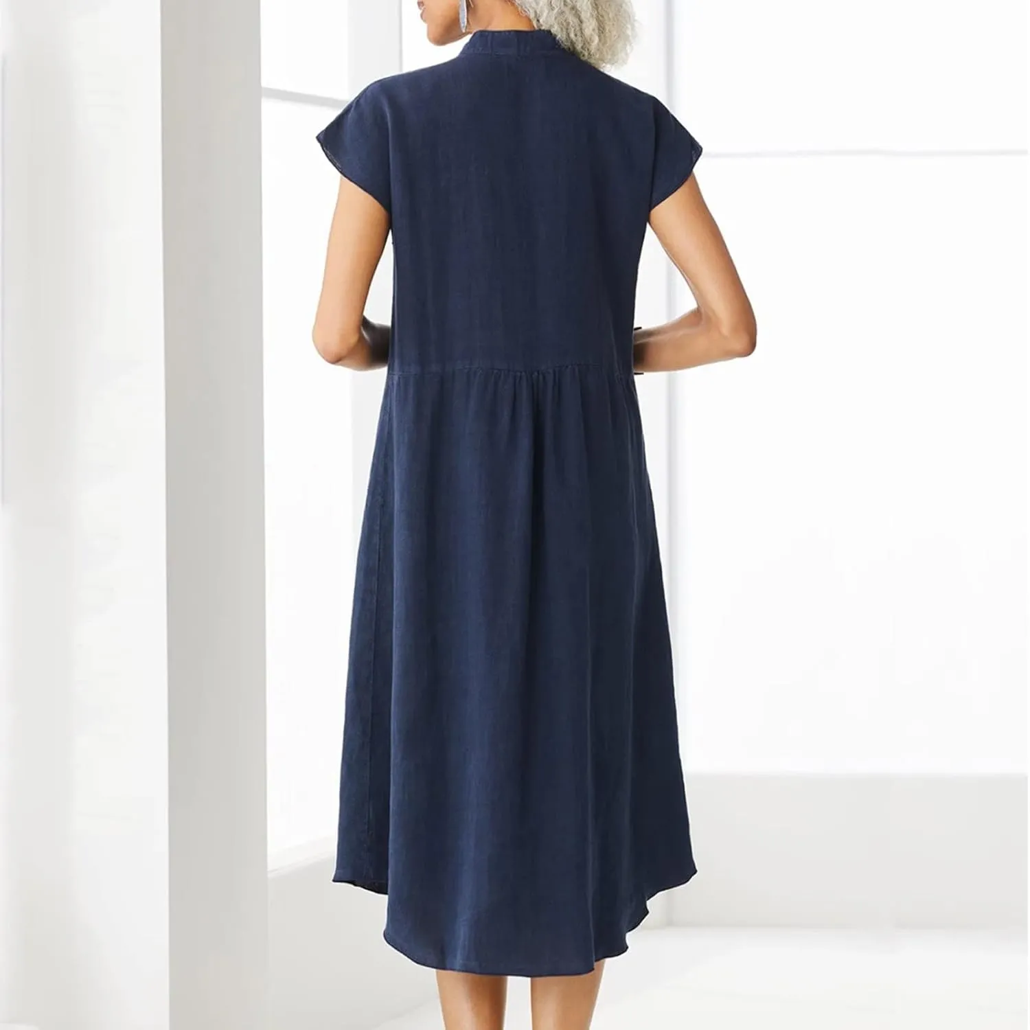 Womens Tunic Shirt Muslim Mini Dress Cotton Linen Long Sleeve Ruffled Hem Dress Button Up Shift Chambray Casual Dress