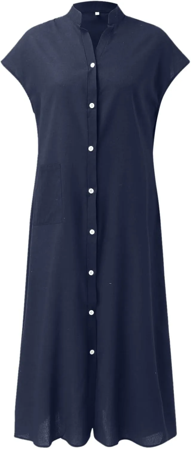 Womens Tunic Shirt Muslim Mini Dress Cotton Linen Long Sleeve Ruffled Hem Dress Button Up Shift Chambray Casual Dress
