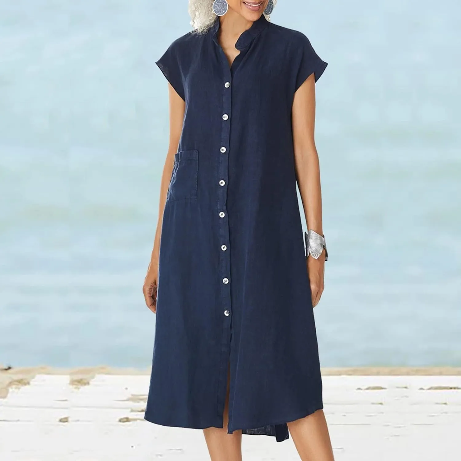 Womens Tunic Shirt Muslim Mini Dress Cotton Linen Long Sleeve Ruffled Hem Dress Button Up Shift Chambray Casual Dress