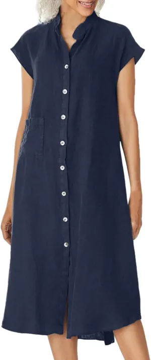 Womens Tunic Shirt Muslim Mini Dress Cotton Linen Long Sleeve Ruffled Hem Dress Button Up Shift Chambray Casual Dress