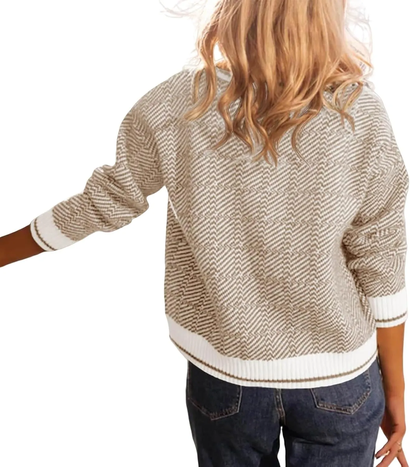 Womens Winter Sweaters Color Block Long Sleeve Knit Pullover Tops Oversized V Neck Lapel Cropped Sweater Jumper