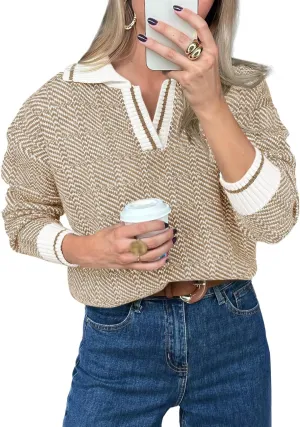 Womens Winter Sweaters Color Block Long Sleeve Knit Pullover Tops Oversized V Neck Lapel Cropped Sweater Jumper